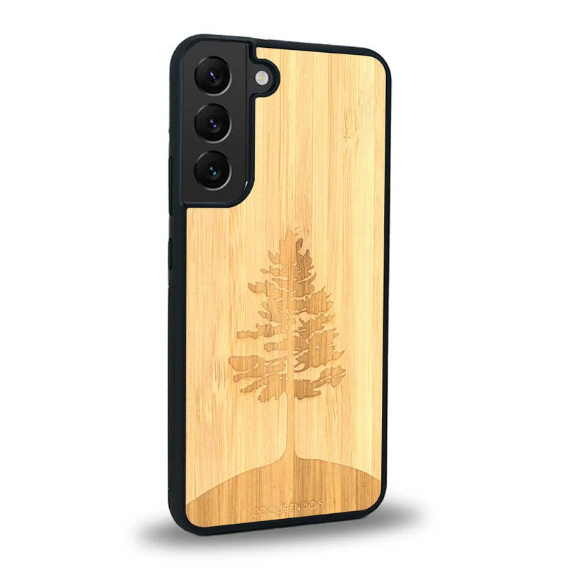 Coque de protection en bois véritable fabriquée en France pour Samsung S23 sur le thème de la nature, de la fôret et de l'écoresponsabilité avec une gravure représentant un arbre 