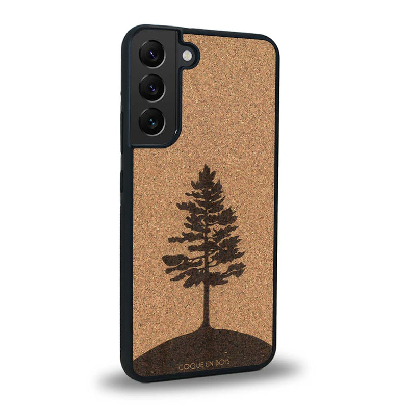 Coque de protection en bois véritable fabriquée en France pour Samsung S23 sur le thème de la nature, de la fôret et de l'écoresponsabilité avec une gravure représentant un arbre 