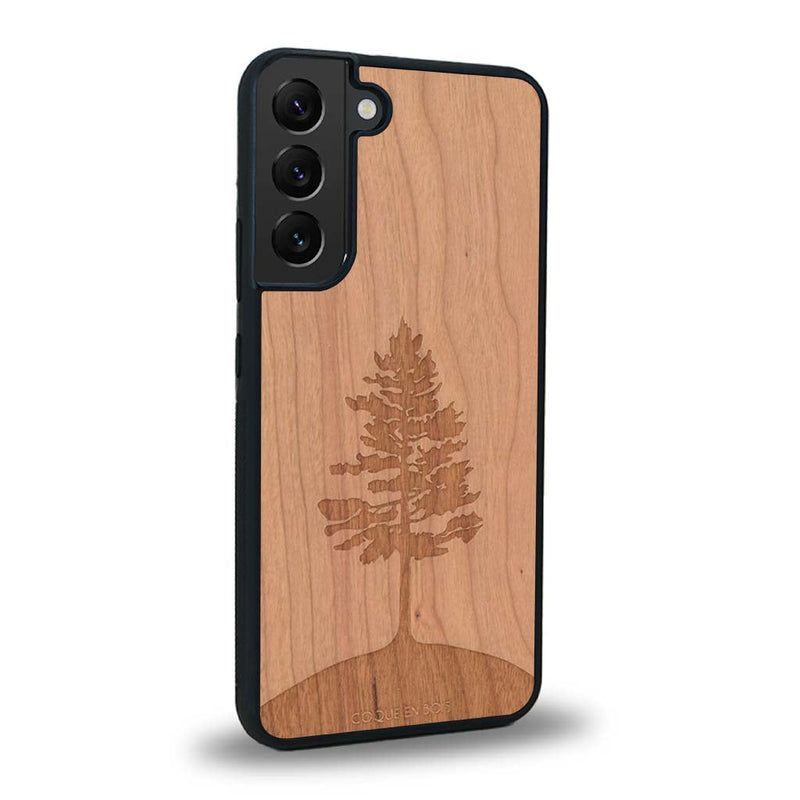 Coque de protection en bois véritable fabriquée en France pour Samsung S23 sur le thème de la nature, de la fôret et de l'écoresponsabilité avec une gravure représentant un arbre 