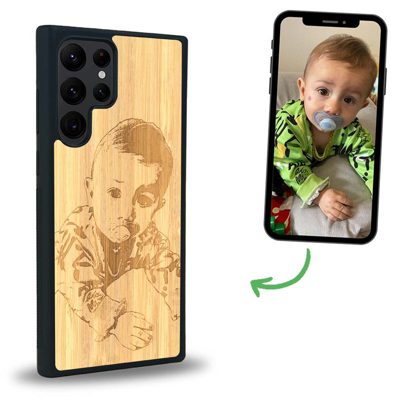 Coque de protection en bois véritable fabriquée en France pour Samsung S23 Ultra avec gravure personnalisée à partir d'une photo, d'une image, d'un logo, des initials ou d'une phrase