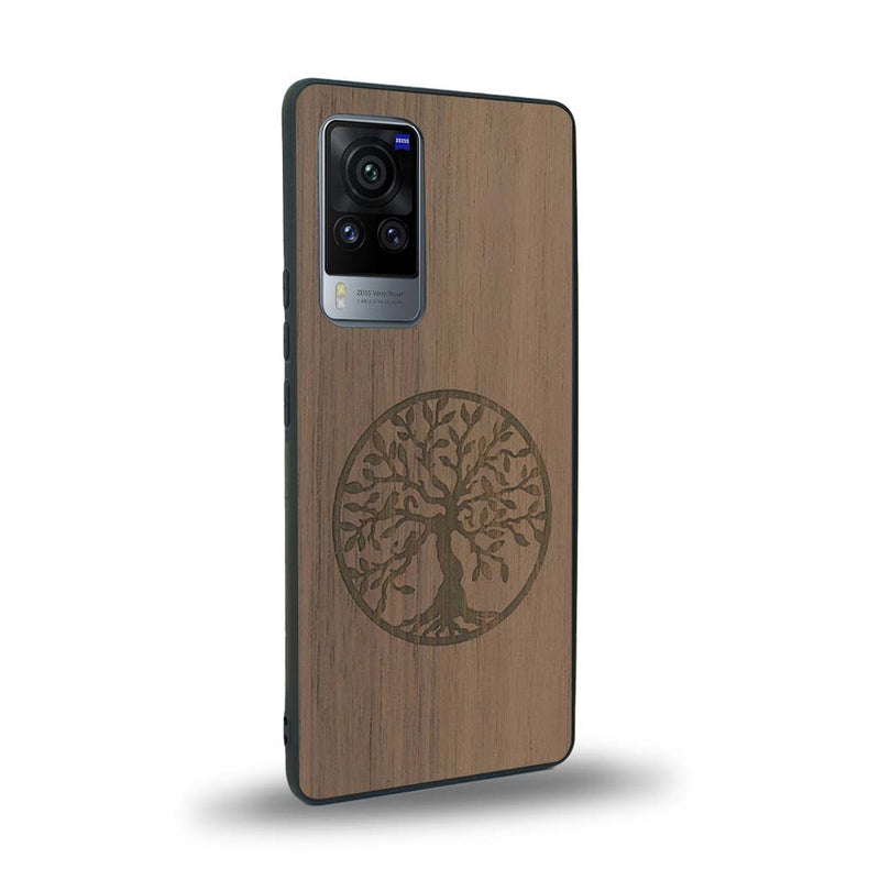 Coque de protection en bois véritable fabriquée en France pour Vivo X60 sur le thème de la spiritualité et du yoga avec une gravure zen représentant un arbre de vie