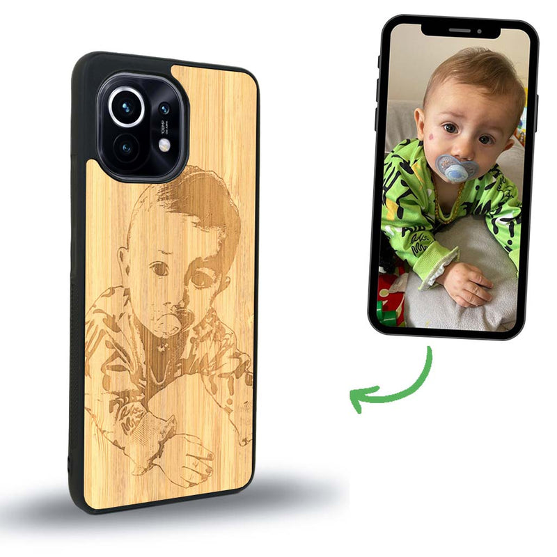 Coque de protection en bois véritable fabriquée en France pour Xiaomi Mi 11 avec gravure personnalisée à partir d'une photo, d'une image, d'un logo, des initials ou d'une phrase